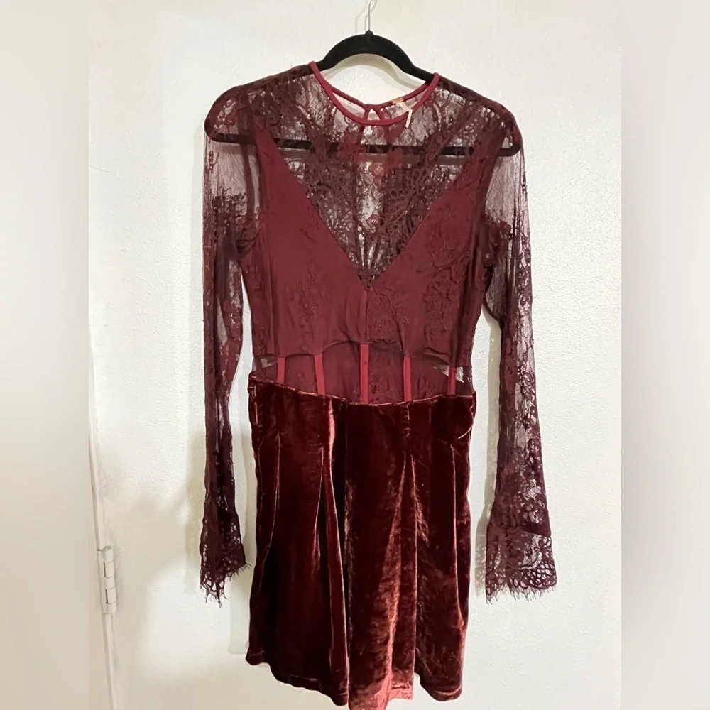 Free  People, Marley mini Dress burgundy velvet lace combo  XS